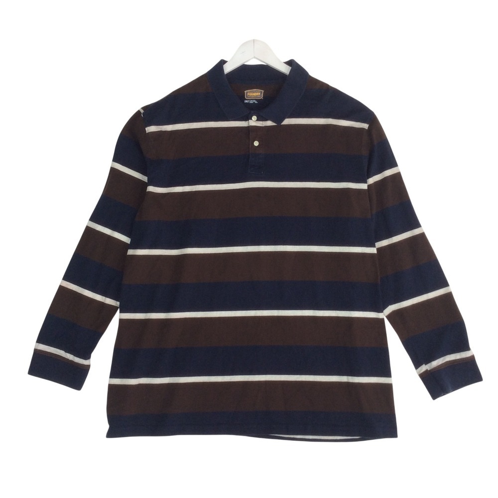 The Foundry Supply Co Mens 2XLT Long Sleeve Polo Shirt Striped Navy Brown Cotton